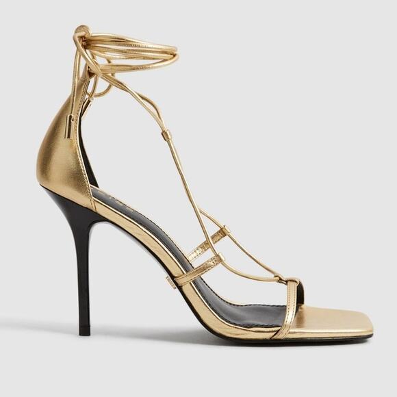 Reiss Kali Leather strappy Stiletto wrap Sandals in gold Metallic size 37 NWOT - Picture 1 of 12